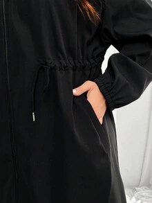 SHEIN LUNE 女士连帽长款开衫外套，收腰休闲外套，适合秋冬季 - 黑色 - 查看 7