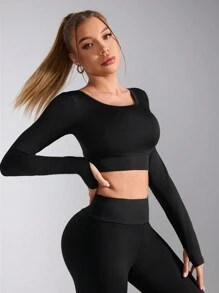 Slayform Slayform T-shirt de sport court à dos croisé pour femmes, couleur unie - Noir - Voir 5