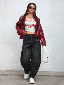 SHEIN EZwear Women Fashionable Distressed Banana-Fit Baggy Denim Jeans