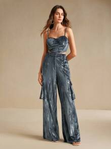 Anewsta 2 件套天鹅绒银箔吊带上衣和宽松连帽口袋工装裤 - 灰色 - 查看 5