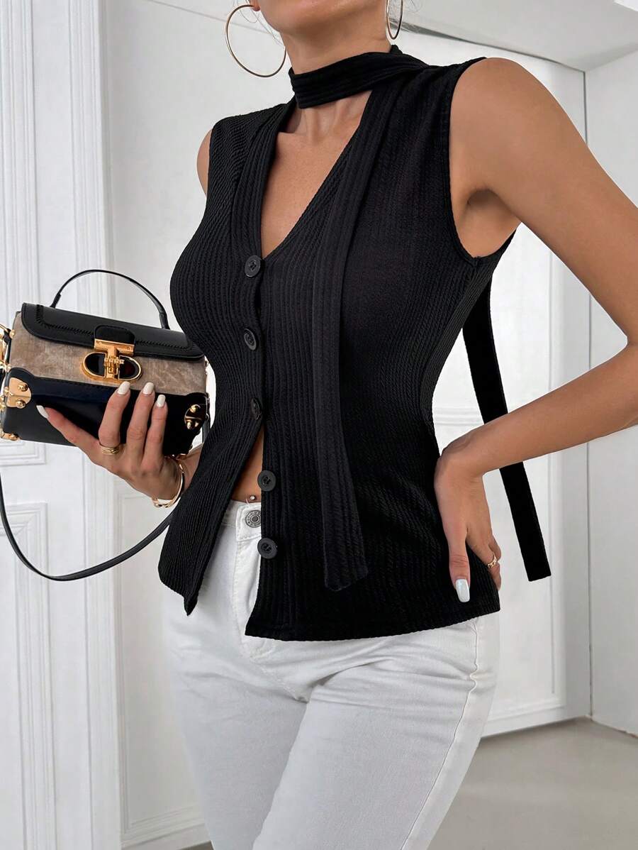 Chiquease 1pc Women Plain Color Front Button Sleeveless Minimalist Top, Casual Everyday Wear