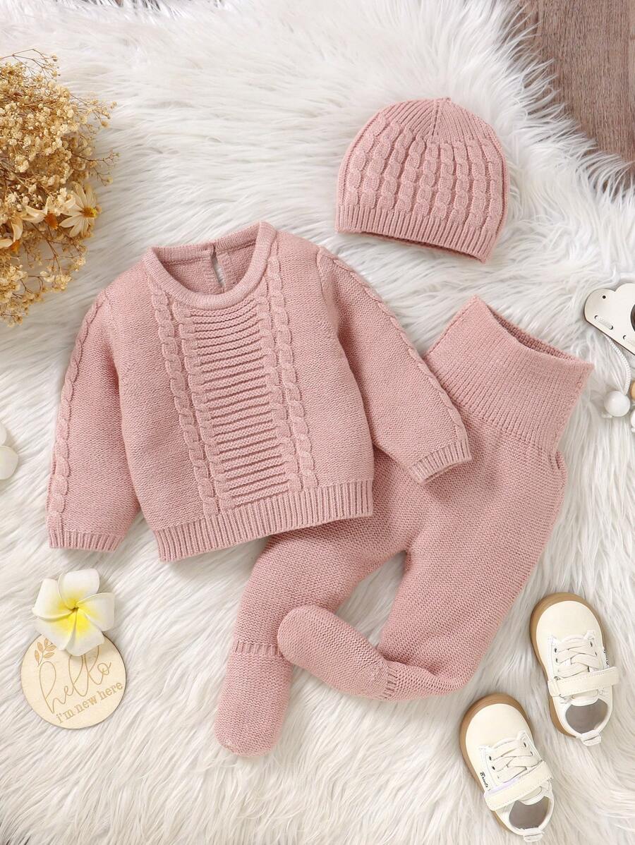 SHEIN 2pcs/Set Newborn Baby Blue Solid Color Fashion Casual Cute Soft Comfortable Korean Style Matching Long Sleeve Sweater And Pants Outfit, Suitable For Home, Daily Outing, Outer Wear, Autumn/Winter