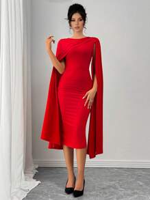 Rafferiza 优雅合身圆领荷叶边下摆长袖红色及膝性感派对礼服，圣诞节新年服装长款女装 - 紅色 - 查看 5