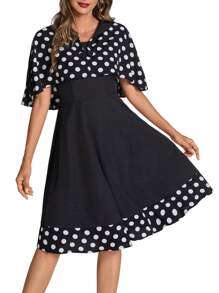 SHEIN Clasi 2pcs/Set Elegant Polka Dot Print Splicing Shawl Blouse And Sleeveless Dress Set For Women - Black - View 5