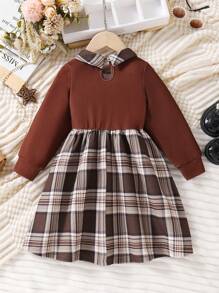 SHEIN Young Girl Vintage Letter Print Long Sleeve Splice Ruffle Collared Top + Vintage Plaid Splice A-Line Dress 2pcs Set - Brown - View 2
