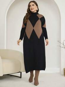 Mulvari Plus Size Crew Neck Long Sleeve Solid Color Patchwork Minimalist Casual Sweater Dress, For Winter - Black - View 4