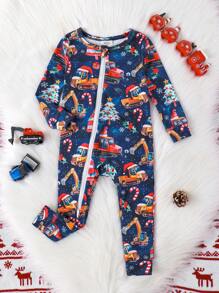 Bộ đồ liền thân dài tay bó sát in hình máy xúc hoạt hình màu xanh dành cho trẻ sơ sinh/bé trai, mặc ở nhà vào dịp Giáng sinh - Đỏ - Xem 1