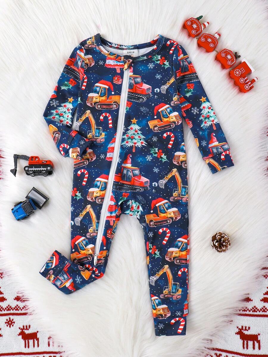 Bộ đồ liền thân dài tay bó sát in hình máy xúc hoạt hình màu xanh dành cho trẻ sơ sinh/bé trai, mặc ở nhà vào dịp Giáng sinh - Đỏ - Xem 1
