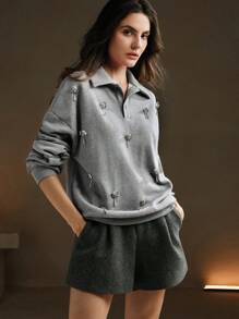 Anewsta Women's Elegant Casual Pearl Embellished Collar Pullover Sweatshirt, Christmas & New Year Outfit  Fall Outfit - Light Grey - View 7