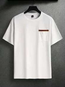 Manfinity Homme 男士圆领短袖纯色拼接简约休闲T恤 - 白色 - 查看 6