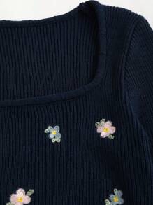 SHEIN Unity 女士花卉装饰方领长袖休闲毛衣，秋冬针织套头衫 - 寶藍色 - 查看 3