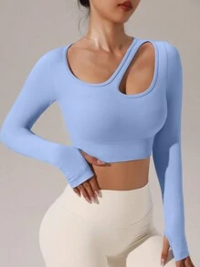 Easithlete FeatherFit™ Gravity 长袖短款背心 耸肩上衣 低冲击瑜伽日常锻炼背心 - 淺藍色 - 查看 3