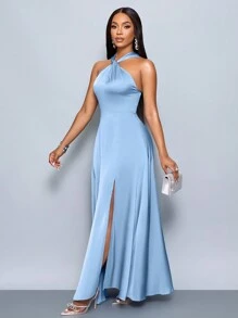 SHEIN Belle 優雅露背高腰裝飾伴娘禮服姊妹晚禮服派對婚禮季藍色長裙 - 藍色 - 查看 1