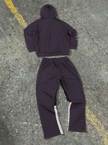 Manfinity EMRG 2pcs Men's Dark Purple Autumn Streetwear Tracksuit,Printed Hooded Sweatshirt And Drawstring Flared Pants Outfit Set,Work Casual Halloween Clothes - Violet Purple - View 2