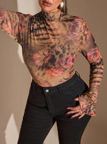 SHEIN BAE 大码女式豹纹花卉网眼印花优雅性感高领荷叶边袖透明紧身衣连体衣长袖大码大码派对休闲紧身衣 - 彩色 - 查看 6