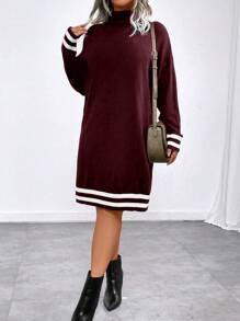 SHEIN LUNE Plus Size Plain Color Block Turtleneck Long Sleeve Minimalist Casual Short Sweater Dress, For Winter - Multicolor - View 1