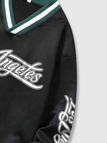 ROMWE MEN Prep Men's Solid Patchwork V-Neck Letter Print Casual Long Sleeve Sweatshirt, For Fall Winter