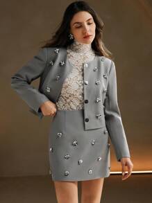 Anewsta 2 件套女士法式 3D 金属亮片缀饰短款圆领灰色夹克和裙子 - 灰色 - 查看 3