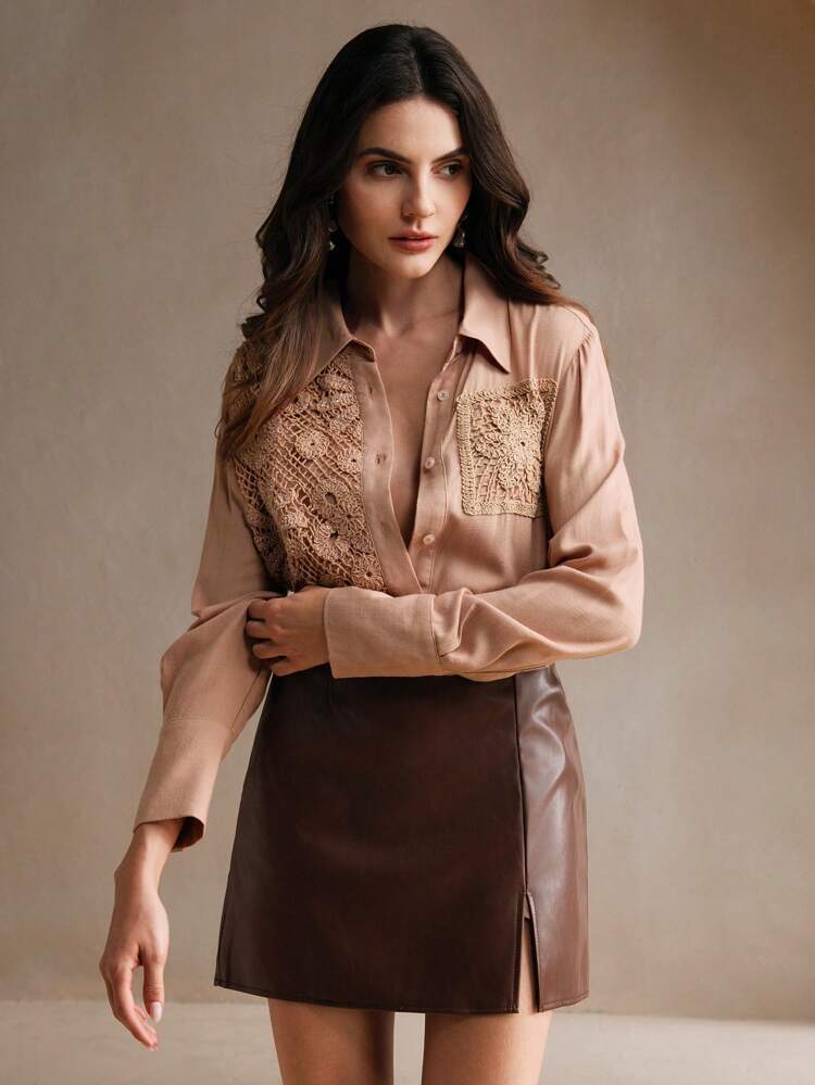 Camisa Elegante de Manga Longa com Colarinho Cáqui, Lantejoulas e Emenda Solúvel em Água para o Outono