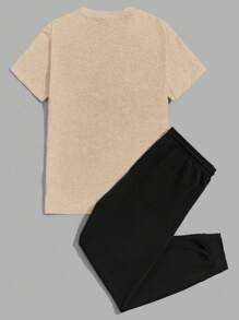 RueChic Men Letter Printed Regular T-Shirt & Pants Set - Beige - View 3