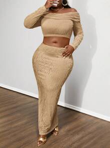 Maweii Conjunto de 2 piezas de blusa de manga larga con hombros descubiertos y falda en unicolor talla grande, elegante