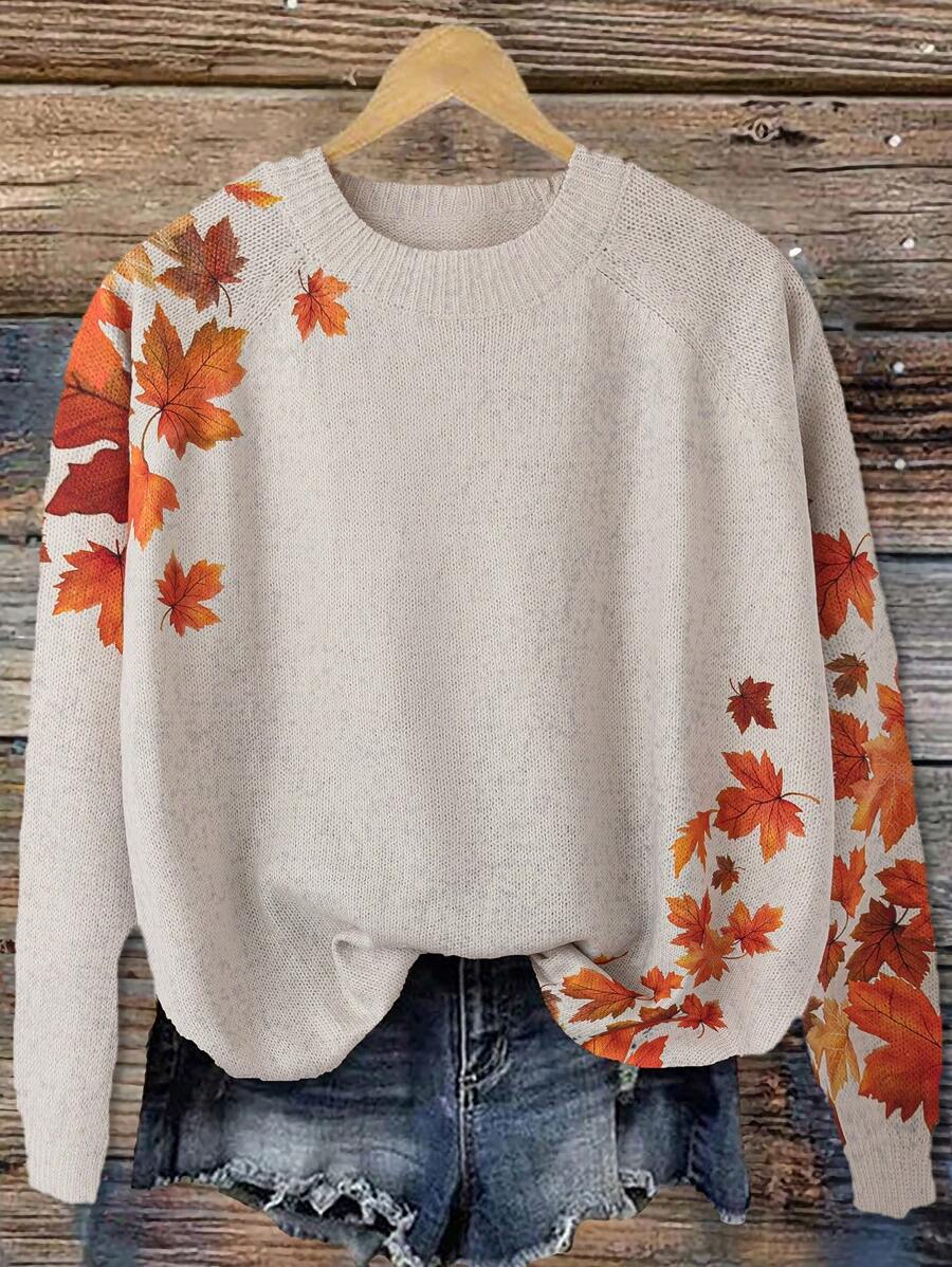 Linhara Plus Size Fall Crew Neck Long Sleeve Maple Pattern Casual Sweater, For Winter Knit Pullover - Apricot - View 1
