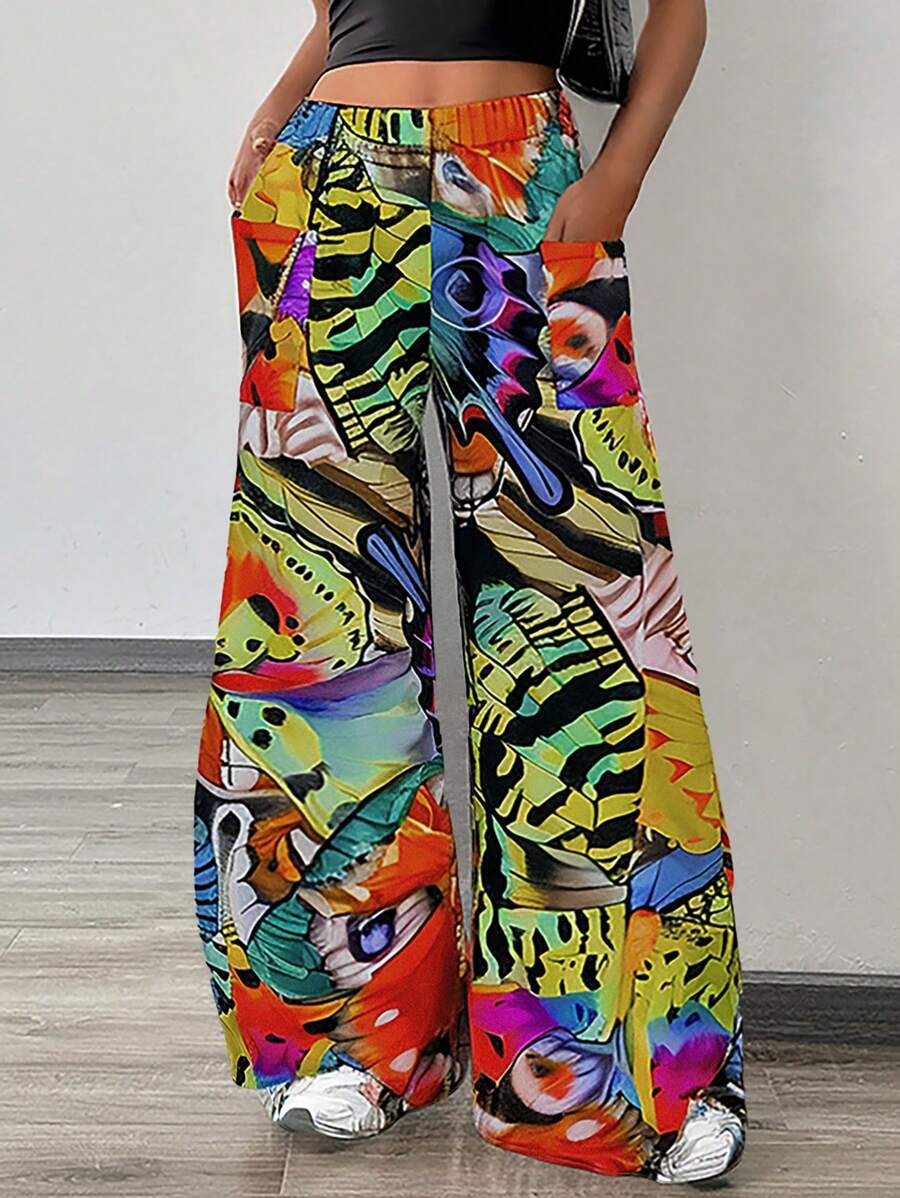 Chiquease 蝴蝶与动物印花休闲裤，带口袋，编织宽松长裤 - 橄欖綠 - 查看 1