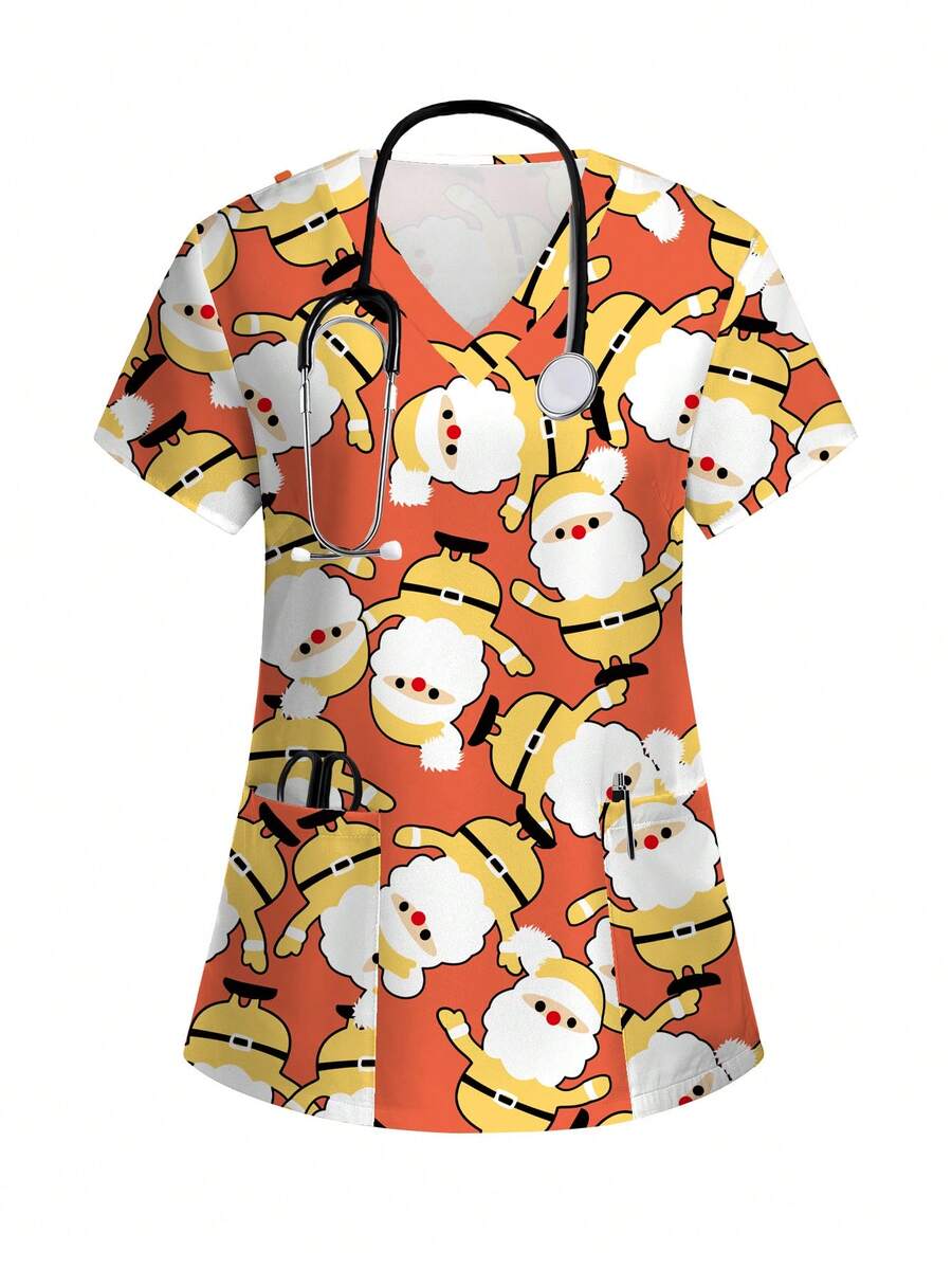 PopScrub 女士时尚圣诞老人印花短袖制服手术服上衣，适合圣诞节 - 橘色 - 查看 1