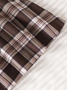 SHEIN Young Girl Vintage Letter Print Long Sleeve Splice Ruffle Collared Top + Vintage Plaid Splice A-Line Dress 2pcs Set - Brown - View 7