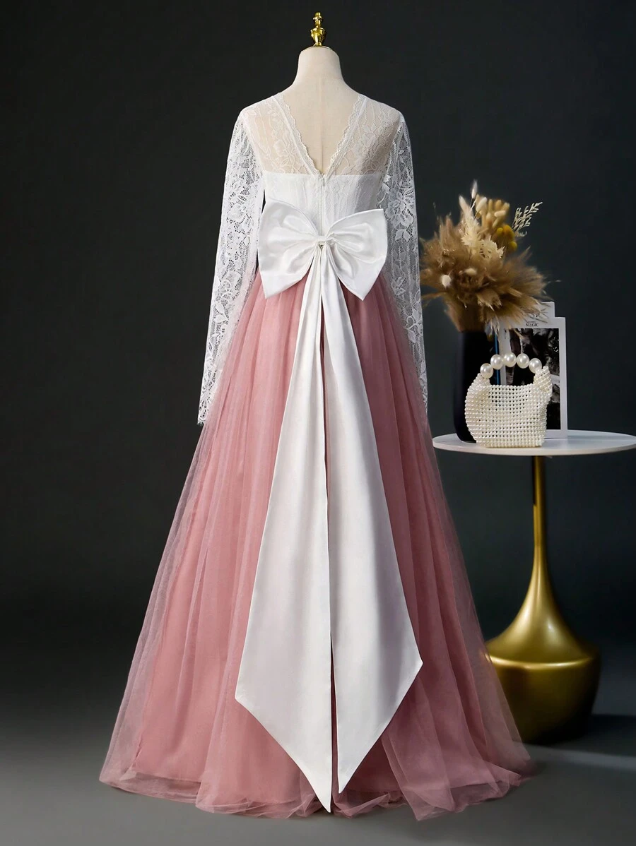 Teen Girls Elegant Round Neck Long Sleeve Lace Dress With Exaggerated Bowknot , Suitable For Wedding Parties, Christmas, Halloween, Thanksgiving, Flower Girl