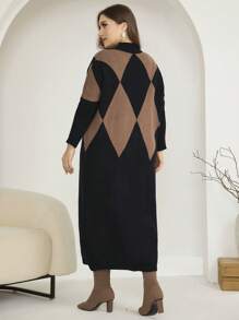 Mulvari Plus Size Crew Neck Long Sleeve Solid Color Patchwork Minimalist Casual Sweater Dress, For Winter - Black - View 2