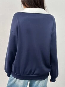 INAWLY 女士字母图案半拉链撞色领宽松卫衣，春秋季套头衫 - 藏蓝色 - 查看 2