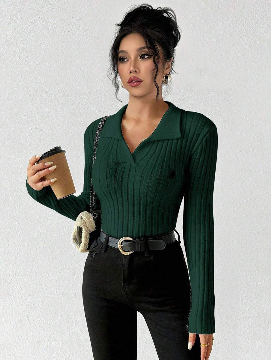 Chiquease 纯色优雅修身罗纹针织长袖套头衫，秋冬季款 - 墨綠色 - 查看 1