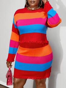 Maweii Plus Size Striped Crew Neck Long Sleeve Top & A-Line Skirt Casual Knitted Sweater 2 Pieces Set - Red - View 4