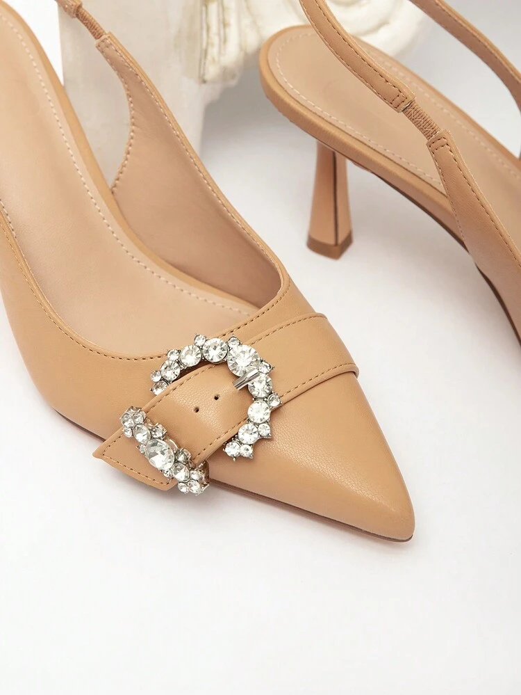 CUCCOO CHICEST Women's Pointed Toe Stiletto High Heel Pumps, Elegant Character, Daily Commute, Apricot Pointed Toe Rhinestone Buckle Slim Heel Slingback Lady High Heel Shoes Valentines
