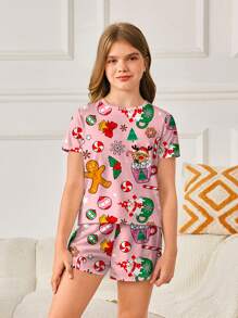 SHEIN Tween Girl Christmas Theme Pink Deer Graphic Casual Minimalist Round Neck Short Sleeve Shorts Pajama Set, Mommy And Me Matching Outfits (3 Sets Sold Separately) - Multicolor - View 3