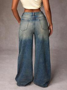 Quần jeans ống rộng cạp thấp cổ điển, giặt thường ngày dành cho nữ - Rửa tối - Xem 4