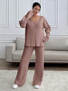 EURMUSE Women V-Neck OverSize Sweater And Knit Pant Set - Dusty Pink - View 3