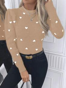SHEIN Clasi Maglione lavorato a maglia con scollo a giro, maniche lunghe, dettaglio a cuore, stile minimalista casual, per autunno e inverno - Cammello - Visualizzare 3