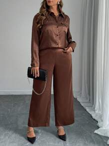 SHEIN LUNE 2pcs Plus Size Women Solid Color Woven Casual Outfit, For Autumn