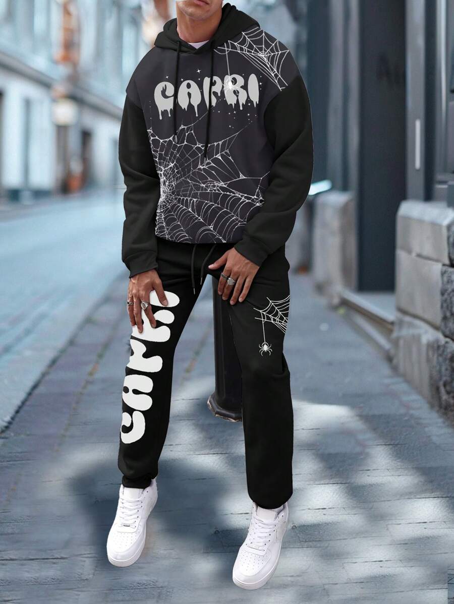 Manfinity Roghcode Men's Letter Print Minimalist Casual Sweatshirt And Pants Set - Black - View 1