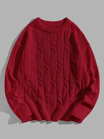 Manfinity Unisex 1pc Men's Crew Neck Solid Color Cable Knitted Casual Pullover Sweater, For Fall Winter, Couple Things