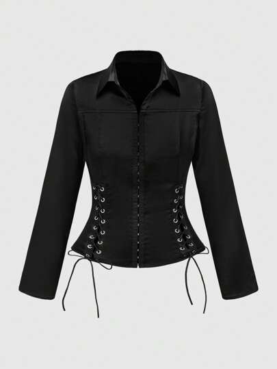 Grunge Punk Punk Rocker Satinbluse mit reflektierendem Patchwork-Krawattenknoten, tiefer Ausschnitt, sexy schwarz für Frauen