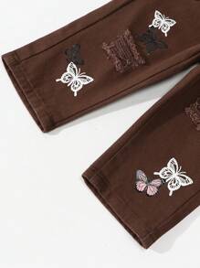 SHEIN Baby Girl Asymmetric Elastic Waist Fitted Butterfly Print Light Wash Straight Leg Denim Jeans - Coffee Brown - View 7