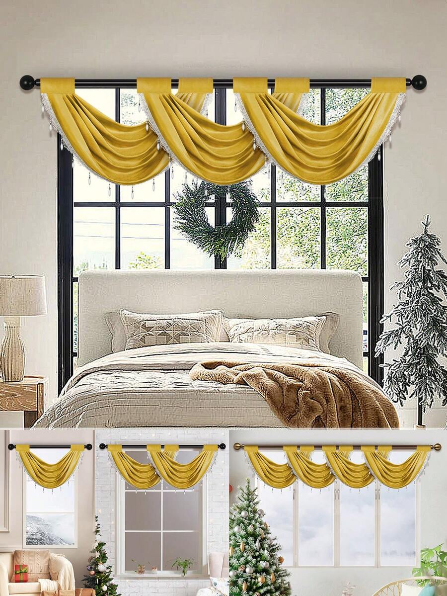 1 件黄色花朵蕾丝荷叶边窗帘，简约欧式风格，适合活动、派对、客厅和卧室窗户和门 - 黃色 - 查看 1