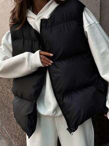 INAWLY Plus Size Women's Black Cotton Padded Vest, Warm Puffer Vest Jacket For Autumn/Winter Fall