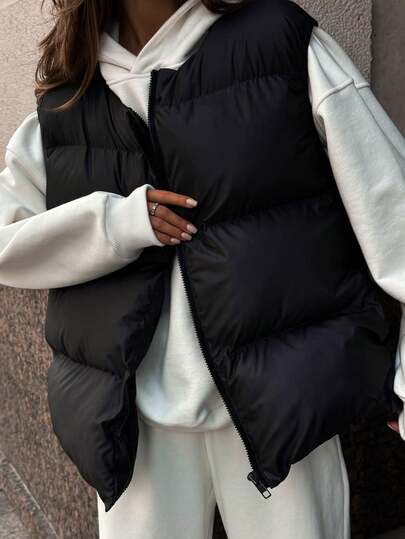 INAWLY 大码女式黑色棉质夹棉背心，保暖羽绒背心夹克，适合秋冬季