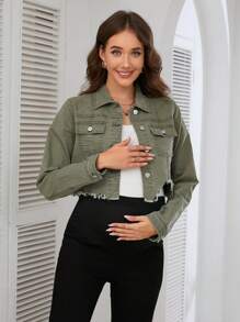 SHEIN Maternity Front Button Long Sleeve Pocket Frayed Hem Casual Denim Jacket