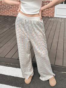 Jouncy 女式休闲迷你花朵条纹荷叶边下摆裤 - 白色 - 查看 4