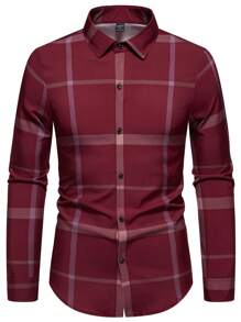 Manfinity Mode Men's Button-Front Long Sleeve Plaid Casual Top, Minimalist Style, Daily/Leisure Wear